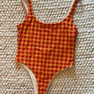 Oddli Clothing, One Piece Swimsuit in Red Orange Plaid - Size Small